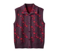 RWGSNB Chaleco Punto Ancianas Mujeres Mediana Edad con Bordado Floral Top con Bolsillo Ropa Informal Abuela Cárdigan Punto Sin Mangas Cálido Otoño Marrón Talla XS