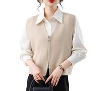 RWGSNB Chaleco Punto con Cuello V Mujer Doble Cremallera Chaleco Corto Punto Top Informal Otoño Sin Mangas Jersey Tricot Top Superponer Capas Uso Diario Beige L