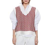 RWGSNB Chaleco Punto con Cuello V Mujer Jersey Sin Mangas con Estampado Pata Gallo Vintage Estilo Preppy Jersey Informal Punto Top Tricot Holgado Uso Diario Rojo Talla XL