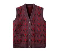 RWGSNB Chaleco Punto Mujeres Mediana Edad y Mayores, Cárdigan Sin Mangas con Estampado Floral Jacquard, Jersey con Botones y Bolsillo, Chalecos Mujer, Ropa Informal Abuela, Marrón, Talla XS