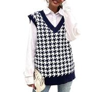 RWGSNB Chaleco Punto Pata Gallo Mujer Jersey Sin Mangas con Cuello V Holgado Largo Medio Estilo Retro Informal la Oficina Jersey Tricot Otoño Ideal Usar A Diario Color Azul Talla M.
