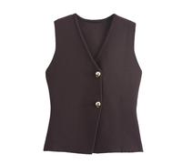RWGSNB Chaleco Traje Punto Corto para Mujer Cuello en V Botones Dorados Sin Mangas Elegante para Negocios Elegante para Vestir Suéter Punto Chic Chalecos Top Marrón L