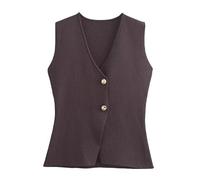 RWGSNB Chaleco Traje Punto Corto para Mujer Elegante Chaqueta Blazer Sin Mangas Cuello en V Elegante Suéter Chalecos Moda Botones Dorados Oficina Ajustado Top Marrón M