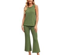 RWGSNB Conjunto Dos Piezas Punto Suave Ligero Top Sin Mangas Cuello Redondo Pantalón Ancho A Juego Ideal Vacaciones Informales Verano Color Verde Talla XL.