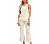 RWGSNB Conjunto Dos Piezas Punto Suave Ligero Top Sin Mangas Cuello Redondo Pantalón Pierna Ancha A Juego Ropa Informal Verano Vacaciones Color Beige Talla L.