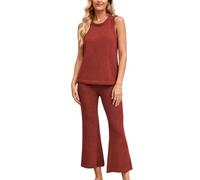 RWGSNB Conjunto Dos Piezas Punto Suave Ligero Top Sin Mangas Cuello Redondo Pantalón Pierna Ancha A Juego Ropa Informal Verano Vacaciones Color Rojo Talla L.