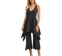 RWGSNB Conjunto Dos Piezas Punto Suave Mujer Top Tipo Camisola con Cuello V Bajo Irregular Pantalones Acampanados Talle Alto Ropa Estar por Casa Conjunto Casual Verano Color Negro Talla XL.