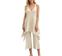 RWGSNB Conjunto Dos Piezas Punto Suave Mujer Top Tipo Camisola con Cuello V Bajo Irregular Pantalones Acampanados Talle Alto Ropa Estar por Casa Conjunto Informal Verano Color Beige Talla XL.