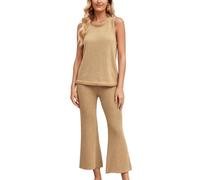 RWGSNB Conjunto Punto Mujer Top Sin Mangas Punto Suave Pantalones Pierna Ancha A Juego Conjunto 2 Piezas Chaleco Cuello Redondo Ropa Ligera Verano Informal Vacaciones Color Caqui Talla L.