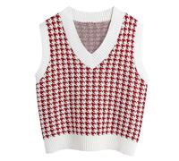 RWGSNB Jersey Sin Mangas Vintage con Estampado Pata Gallo y Cuello en V Mujer Camiseta Punto para Primavera Chaleco Elegante Punto Ropa Oficina Top Holgado Informal Rojo XL
