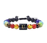 RWGSNB Pulsera Piedras Mujer, Pulsera Cristales Naturales 7 Chakras la Letra Inicial A-Z Hecha Mano Cuentas Piedra Lava Trenzada Joyería Reiki y Yoga Regalo para Mujeres y Hombres Letra U