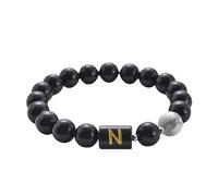 RWGSNB Pulsera Piedras Mujer, Pulsera Piedras Preciosas Lava Negra Natural Inicial Personalizada A-Z Brazalete Elástico Turquesa Blanca Joyería Cristal Regalo para Mujeres y Hombres Letra N