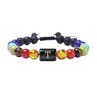 RWGSNB Pulsera Piedras Naturales Mujer, Pulsera Cristales Naturales 7 Chakras la Letra Inicial A-Z Hecha Mano Cuentas Piedra Lava Trenzada Joyería Reiki y Yoga Regalo para Mujeres y Hombres Letra T