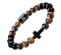 RWGSNB Pulsera Piedras Naturales, Pulsera Cruzada Letras para Parejas Letra Az Piedra Preciosa Natural Inicial Cuentas Ágata Negra Ojo Tigre Cristal Elástico Regalo Letra N