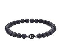 RWGSNB Pulsera Piedras Naturales, Pulsera Cuentas Inicial Piedras Preciosas para Parejas 6 Mm Lava Negra Natural Brazalete Elástico Letra A/Z y Cristal Espiritual Joyería Delicada Regalo Letra C N