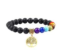 RWGSNB Pulsera Piedras, Pulsera 7 Chakras para Hombres Mujeres Piedras Naturales del Árbol la Vida Chakras Ansiedad Reiki Yoga Energía Cristal Lava Negra Oro.