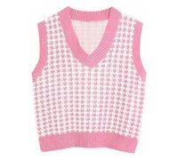RWGSNB Suéter Pata Gallo Mujer Chaleco con Cuello en V Sin Mangas Estilo Retro para Calle a Cuadros Punto Elegante para Oficina Informal Holgado Color Rosa y Rojo Talla M