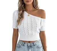 RWGSNB Top Corto Punto Sin Mangas Mujer Tops Crochet con Hombros Descubiertos Camisetas Punto Manga Corta Jersey Ajustado Suéter Casual Verano Camiseta Ligera Blanco M