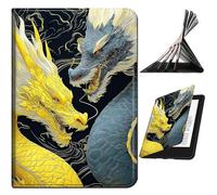 RWUTYTIUL Funda para Kindle Fire 7 (12ª generación, versión 2022), a prueba de golpes, inteligente, multiángulo, para mujeres y hombres, con apagado y encendido automático, dragón gris y amarillo