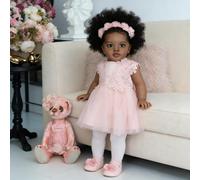 RXDOLL Muñecas Reborn Toddler Niña Negra 65cm Tamaño Grande Afroamericana Muñecos Bebe Reborn Realistas Que Parecen Reales Muñeca bebé Mestiza de Silicona con Vestido Rosa