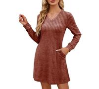 Rxgiasup 1 vestido de punto de otoño para mujer, manga larga, cinturón, bolsillo, cuello en V, falda casual. Este versátil vestido de suéter de gran tamaño es adecuado para el uso diario casual