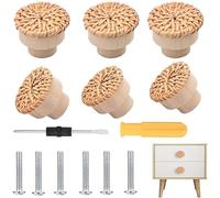 RXKFIGX 6 Piezas Pomos de Ratán para Muebles Tiradores Cajones Pomos Ratán Cajones Pomo Ratáns Tiradores Tiradore Redondos Estilo Bohemio Tiradore de Muebles de Madera para Mueble Armarios
