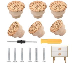 RXKFIGX 6 Piezas Pomos de Ratán para Muebles Tiradores Cajones Pomos Ratán Cajones Pomo Ratáns Tiradores Tiradore Redondos Estilo Bohemio Tiradore de Muebles de Madera para Mueble Armarios