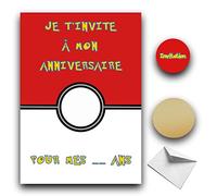 RXLITE - Kit creativo premium de 10 tarjetas de invitación de cumpleaños para rascar, tema Pokémon en francés: 10 cartones, 10 sobres blancos, 10 pegatinas y 10 pegatinas doradas para rascar