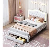 RXMORI Cama doble con iluminación LED de princesas, 140 x 200 cm, con 2 cajones, estructura de cama, cama con espacio de almacenamiento y somier, cabecero de corona, cama de piel sintética, color