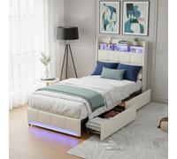 RXMORI Cama tapizada 90 x 200, cama juvenil con espacio de almacenamiento con 2 cajones, cama individual LE/D con US/B, cama funcional con somier de listones de madera, cama infantil, lino, (beige C