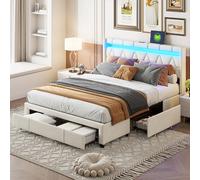 RXMORI Cama tapizada de 160 x 200 cm, cama doble tapizada con cabecero LED y conexión USB, cama de almacenamiento con 4 cajones, marco de cama con somier, lino, beige, sin colchón (160 x 200 cm)