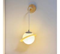 RXPVUXE Lámpara de pared colgante Planet, decoración de habitación para niños, aplique de pared, lámpara de pared moderna de grano de madera con pantalla acrílica de globo, alambre colgante blanco aju