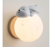 RXPVUXE Lámpara de pared de luna Aplique de pared de conejo de resina blanca Lámpara de pared de madera moderna con pantalla de PLA de globo, apliques de pared de conejito lindo nórdico Accesorio de i