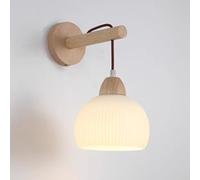 RXPVUXE Lámpara de pared de madera nórdica, aplique de pared de alambre colgante moderno, luz de lectura para montaje en pared junto a la cama con pantalla de vidrio a rayas blancas, apliques de pared
