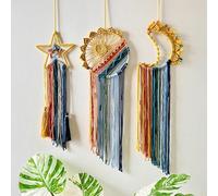 RXRENXIA 3pcs Tapiz de macramé para Colgar en la Pared, diseño de Sol, Luna y Estrellas, Estilo Bohemio, atrapasueños Coloridos Hechos a Mano, tapices Tejidos para Sala de Estar, Dormitorio Infantil