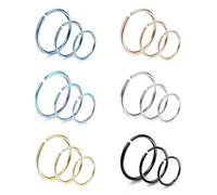 Ryaupy 18 Piezas de Aro de Nariz de Acero Inoxidable 20 Gauge Anillo Pendiente Tabique, Hélice, Piercing de Oreja para Piercing de Cuerpo, para mujer, para hombre, 6/8/10 mm (6 colores, 3 tamaños)