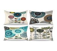 RYBornament Funda Cojín de Lino 4 Unidades 50 x 30 cm Flores Azules 2 Diseño Floral Abstracto Decorativa para Sala de Estar, Dormitorio, Familiar, Juegos, Estudio, Cocina