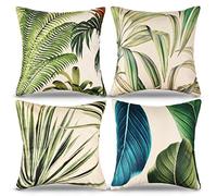 RYBornament Funda de cojín para sofá, 45x45 cm, color verde y lino, juego de 4, diseño de plantas tropicales, acogedoras y suaves