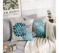 RYBornament Fundas de cojín decorativas 45 x 45 cm, cian, fundas de almohada decorativas, geométricas, abstractas, diseño de flores, juego de 2 unidades, fundas de cojín de lino, adecuadas para salón