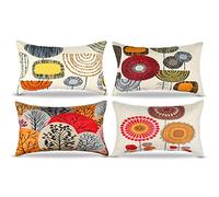 RYBornament Rojo Funda Cojín 30x50cm Fundas Cojines Decorativo Fundas Almohadas de Lino Juego de 4 Abstracto Girasol y Árbol Patrón Funda Almohada para Sala de Estar Oficina Hotel Sofá Cojin Decorar