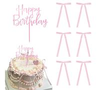 RYMAUP 6 Stück Tortenaufsatz mit Cintas de satén Lazo y Letrero de Feliz Cumpleaños, Fiesta temática Coquette, Vintage Rosa para Tarta de corazón, Pastel Vintage