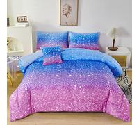 RYNGHIPY 6Pcs Sparkle Gradient Glitter Comforter Sets, Ombre Indigo Pink Gradient Bedding Set for Boys Girls, Rainbow Bed in A Bag Twin Size