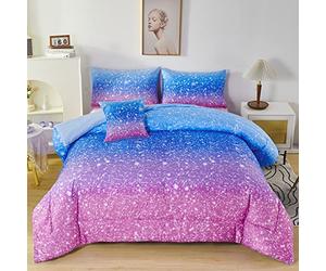 RYNGHIPY 6Pcs Sparkle Gradient Glitter Comforter Sets, Ombre Indigo Pink Gradient Bedding Set for Boys Girls, Rainbow Bed in A Bag Twin Size