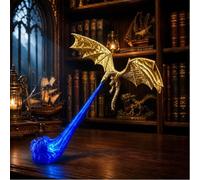 RynoPulse Lámpara decorativa para estantería con forma de dragón que escupe fuego, luz 3D para rincón de lectura | Llama roja o azul | Disponible en tamaños grande y pequeño，Llama roja：oro：Pequeño