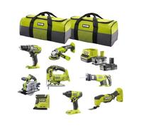 RYOBI 18 V ONE+ Kit combinado - 8 herramientas: Lijadora Delta, Taladro Tornillo, Multiherramienta, Sierra de calar, amoladora angular, sierra circular manual, destornillador de impacto