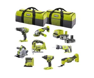 RYOBI 18 V ONE+ Kit combinado - 8 herramientas: Lijadora Delta, Taladro Tornillo, Multiherramienta, Sierra de calar, amoladora angular, sierra circular manual, destornillador de impacto