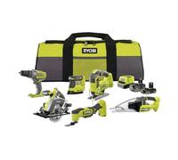 RYOBI 18V ONE+ Kit combinado inalámbrico 10 piezas RCK186O-242SZL (taladro de percusión, sierra de calar, sierra circular, herramienta multifunción, lijadora Delta, aspiradora de mano, batería 4.0Ah y