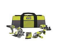 RYOBI 18V ONE+ Kit combinado inalámbrico 8 piezas RCK184O-242SZL (taladro de percusión, amoladora angular, sierra circular, amoladora Delta, batería 4.0Ah y 2.0Ah, cargador en bolsa de herramientas)