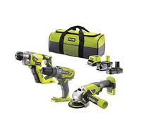 RYOBI 18V ONE+ Trio - Taladro Percutor, Atornillador Impacto y Amoladora Angular - Incluye 3 Herramientas, 2 Baterías y Cargador