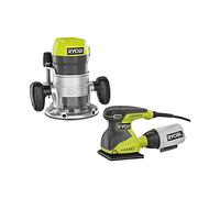 RYOBI 8.5 Amp 1-1/2 Peak HP Router de base fija y 1/4 hoja acabado lijadora Kit (2 herramientas)